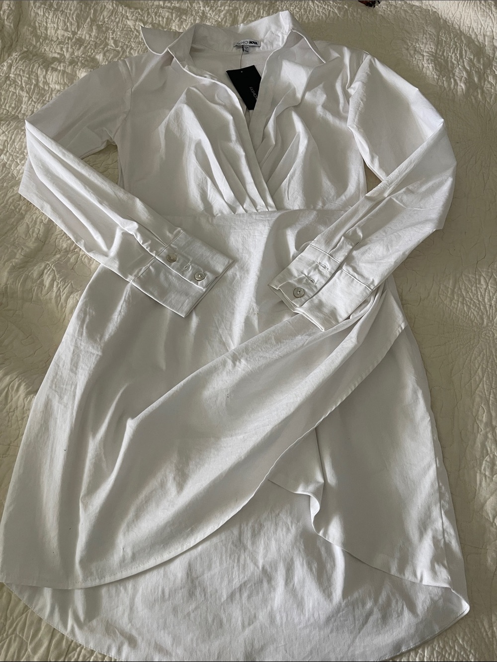 Fashion Nova White Long Sleeve Wrap Shirt Dress